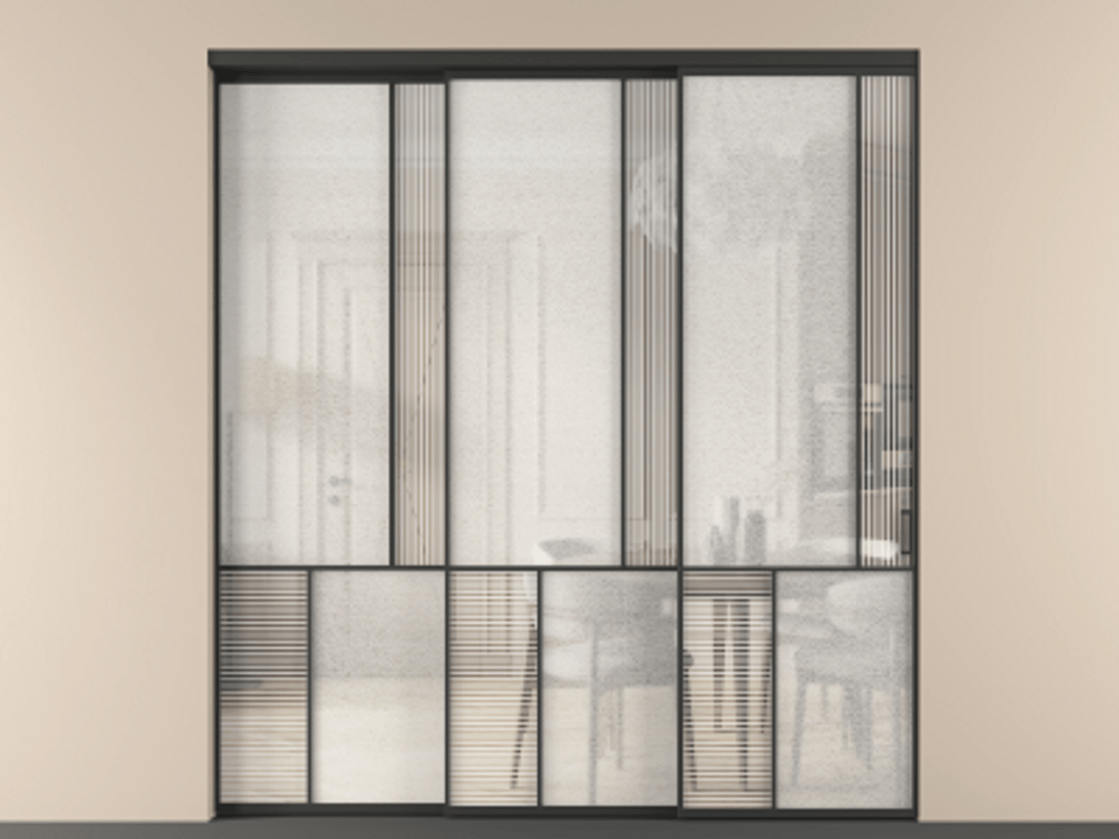 Перегородка Mosaic внутри проёма 3 створки с синхронным механизмом АЛПР 041.21 Алюминий Черный Рифлёное стекло "Дюна", триплекс, 6 мм + Фактурное стекло "Лёд", триплекс. Скрытый короб ЧЕР Цена 441070 ₽ . Фабрика дверей Волховец 8 (800) 551 43 19 Перегородка Mosaic внутри проёма 3 створки с синхронным механизмом АЛПР 041.21 Алюминий Черный Рифлёное стекло "Дюна", триплекс, 6 мм + Фактурное стекло "Лёд", триплекс Цена 441070 ₽ | Volhovec